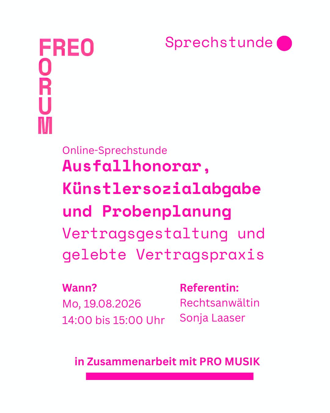 Verträge sicher gestalten: Was bedeutet das Herrenberg-Urteil für das Thema Selbstständigkeit? Wer muss eigentlich die Künstlersozialabgabe abführen? In unserer Online-Gruppensprechstunde mit Rechtsanwältin Sonja Laaser (in Kooperation mit PRO MUSIK) stehen eure Fragen rund um die Vertragsgestaltung im Mittelpunkt.
🗓 Start: 19.08.2026
💻 online
🎟 kostenfrei
🔗 Anmeldung: Link in Bio